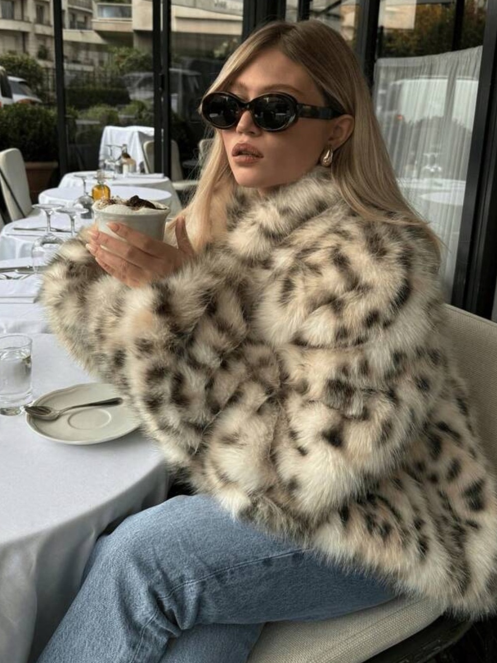 Women's Faux Fur Leopard Print Coat, Elegant And Sexy Outerwear With High